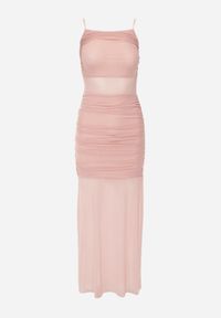 Born2be - Różowa Siateczkowa Sukienka Koktajlowa z Marszczenia i Przezroczystymi Wstawkami Zelllisa. Kolor: różowy. Materiał: wiskoza, materiał, lakier. Długość rękawa: na ramiączkach. Styl: wizytowy #6