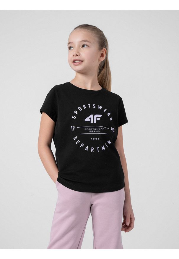 4f - T-shirt z nadrukiem dziewczęcy. Kolor: czarny. Materiał: bawełna, dzianina. Wzór: nadruk