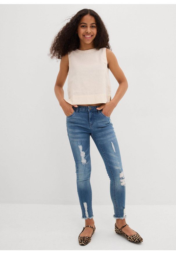 bonprix - Top bluzkowy z chłodzącego materiału z lnem. Kolor: beżowy. Materiał: len, materiał. Wzór: gładki