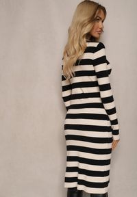 Renee - Kremowo-Czarna Sukienka Sweterkowa z Wiskozą i Modalem w Paski z Wycięciem Naliria. Okazja: na co dzień, na spacer. Kolor: beżowy. Materiał: wiskoza. Wzór: paski. Styl: casual, elegancki #4