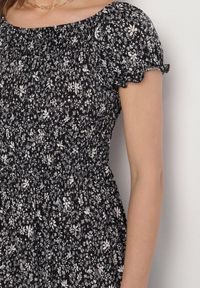 Born2be - Czarna Sukienka z Bufkami przy Rękawach w Kwiaty Neralese. Okazja: na co dzień, na imprezę. Kolor: czarny. Materiał: jeans. Wzór: kwiaty. Sezon: lato. Styl: casual #6