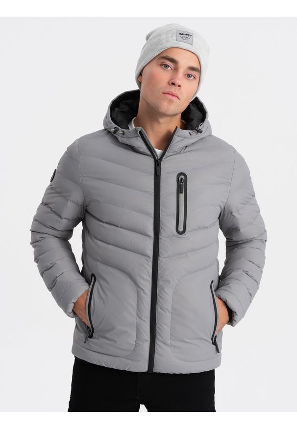 Ombre Clothing - Sportowa kurtka męska pikowana - szara V5 - Rozmiar: XL. Kolor: szary. Materiał: poliester, nylon. Styl: sportowy
