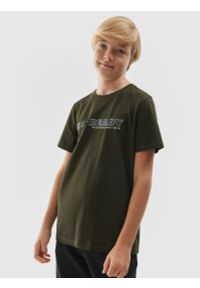 4f - T-shirt z nadrukiem chłopięcy - khaki. Kolor: brązowy, oliwkowy, wielokolorowy. Materiał: bawełna. Wzór: nadruk