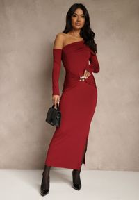 Renee - Bordowa Sukienka z Wiskozą Aplikacją Marszczeniem i Wywiniętym Dekoltem Reilenna. Kolor: czerwony. Materiał: wiskoza. Wzór: aplikacja #3