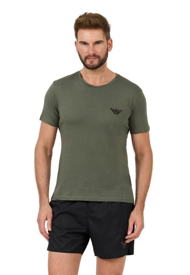 Emporio Armani - EMPORIO ARMANI Zielony męski t-shirt logo brodé, Rozmiar XL. Kolor: zielony