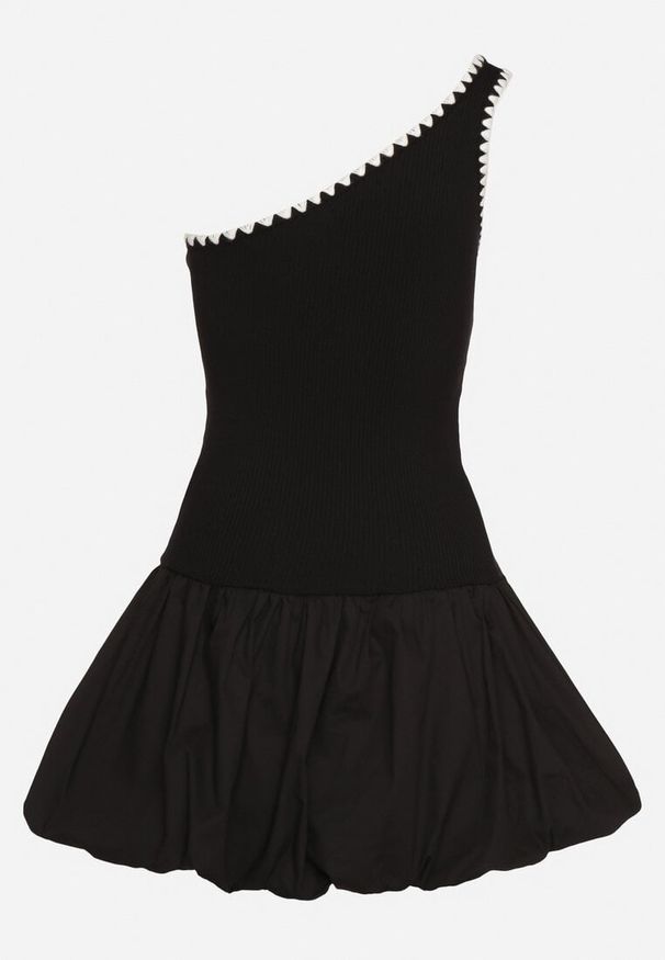 Born2be - Czarna Asymetryczna Sukienka o Kroju Bombki z Kontrastującą Lamówką Amoiane. Okazja: na co dzień. Kolor: czarny. Materiał: poliester. Typ sukienki: bombki, asymetryczne. Styl: elegancki, casual