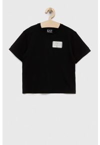 EA7 Emporio Armani t-shirt bawełniany dziecięcy kolor czarny z nadrukiem. Kolor: czarny. Materiał: bawełna. Wzór: nadruk