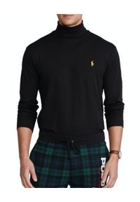 Ralph Lauren - RALPH LAUREN - Czarny golf z logo Slim Fit. Typ kołnierza: golf. Kolor: czarny. Materiał: dzianina, bawełna. Długość: długie. Wzór: haft