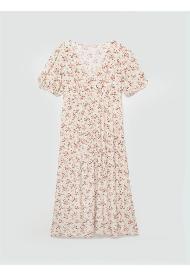 Big-Star - Sukienka damska midi z wiskozy w kwiatowy wzór perłowa Pala 103. Kolor: kremowy. Materiał: wiskoza. Wzór: kwiaty. Styl: elegancki. Długość: midi