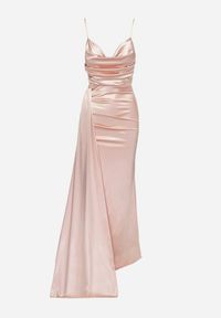 Born2be - Różowa Sukienka Satynowa z Trenem na Ramiączkach i Rozcięciem na Nogę Lisandoria. Okazja: na ślub cywilny, na imprezę, na wesele. Kolor: różowy. Materiał: satyna. Długość rękawa: na ramiączkach. Styl: elegancki #6