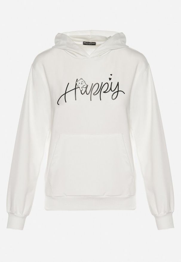 Born2be - Biała Bluza z Kapturem Napisem i Kangurkową Kieszenią Adrippa. Typ kołnierza: kaptur. Kolor: biały. Wzór: napisy. Sezon: zima, jesień