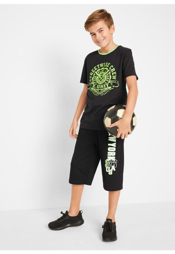 bonprix - Bermudy dresowe z czystej bawełny. Kolor: czarny. Materiał: bawełna, dresówka. Wzór: nadruk
