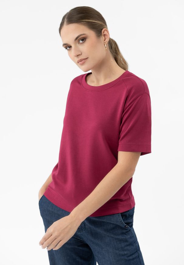 Volcano - Różowa bluzka z modalem TM-ELI. Kolor: różowy. Materiał: poliester, elastan, skóra, materiał. Długość rękawa: krótki rękaw. Długość: krótkie. Wzór: gładki, kolorowy. Sezon: zima, wiosna, jesień, lato