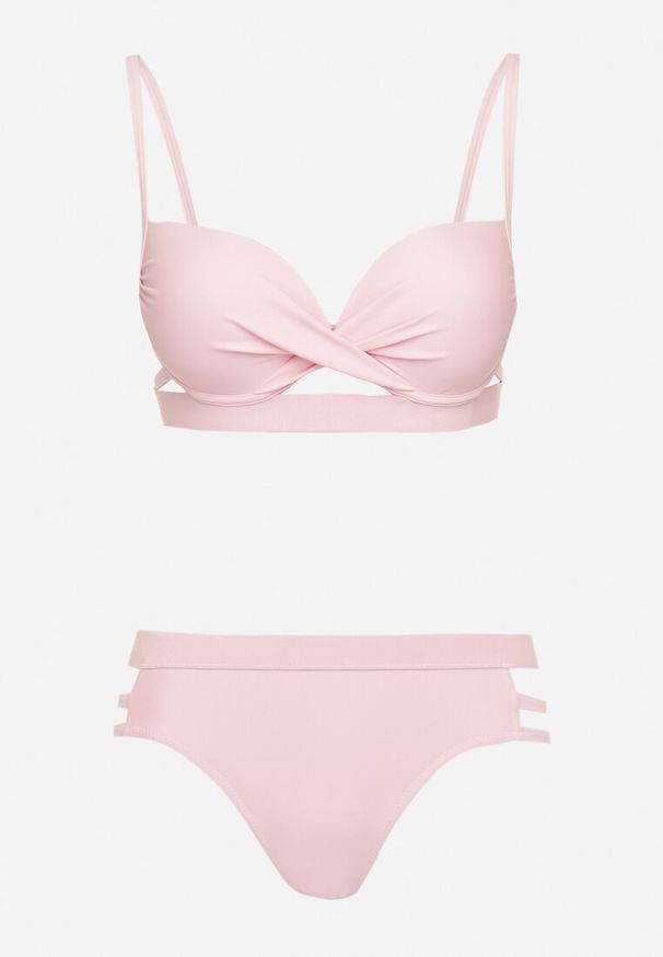 Born2be - Jasnoróżowe Bikini Biustonosz z Wiązaniem i Majtki Figi Zdobione Wycięciami Kinelena. Kolor: różowy. Materiał: len. Wzór: aplikacja