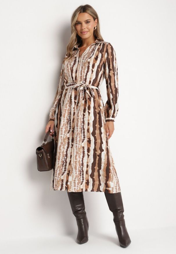 Born2be - Brązowa Wiskozowa Sukienka Koszulowa Wiązana Paskiem Ellariah. Okazja: na co dzień. Typ kołnierza: dekolt w kształcie V. Kolor: brązowy. Materiał: wiskoza. Wzór: aplikacja. Typ sukienki: koszulowe. Styl: casual, elegancki