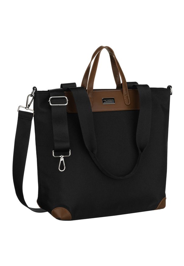 Duża, czarna shopperka damska na uchwytach i doczepianym pasku Peterson PTN CTY-16. Kolor: czarny. Materiał: skórzane