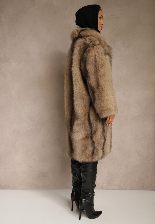 Renee - Brązowy Płaszcz Futerko o Prostym Kroju z Szerokim Kołnierzem Ezilana. Kolor: brązowy. Materiał: futro. Styl: elegancki