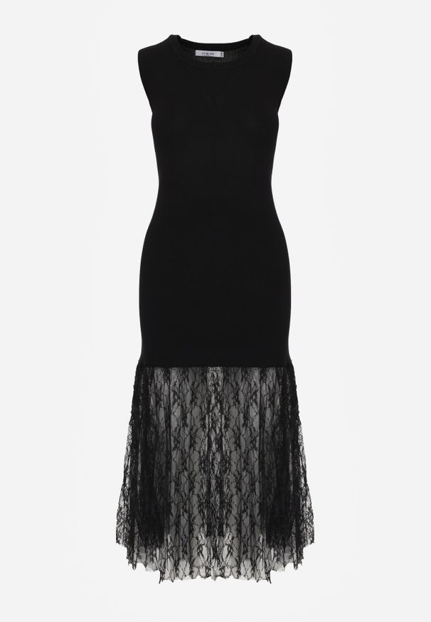 Born2be - Czarna Koktajlowa Sukienka z Wiskozą i Rozkloszowanym Koronkowym Dołem Erivissa. Kolor: czarny. Materiał: wiskoza, koronka. Typ sukienki: proste. Styl: wizytowy