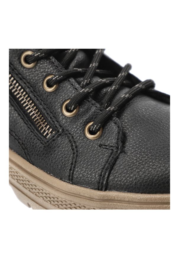 Czarne Botki Rieker Modne Obuwie Damskie. Okazja: na co dzień, na spacer. Zapięcie: sznurówki. Kolor: czarny. Materiał: guma, skóra ekologiczna. Styl: casual