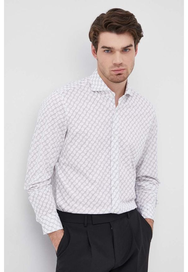 JOOP! - Joop! koszula bawełniana męska kolor biały slim. Typ kołnierza: kołnierzyk włoski. Kolor: biały. Materiał: bawełna