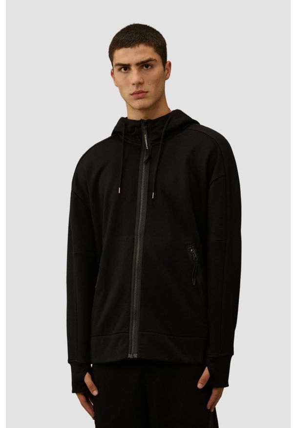 C.P. Company - C.P. COMPANY Czarna bluza męska z goglami Hooded Open, Rozmiar XXL. Kolor: czarny. Materiał: bawełna. Styl: klasyczny
