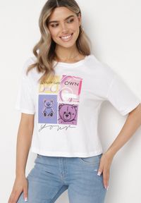 Born2be - Biały Bawełniany T-shirt z Ozdobnym Nadrukiem na Przodzie Sadla. Kolor: biały. Materiał: bawełna. Wzór: nadruk