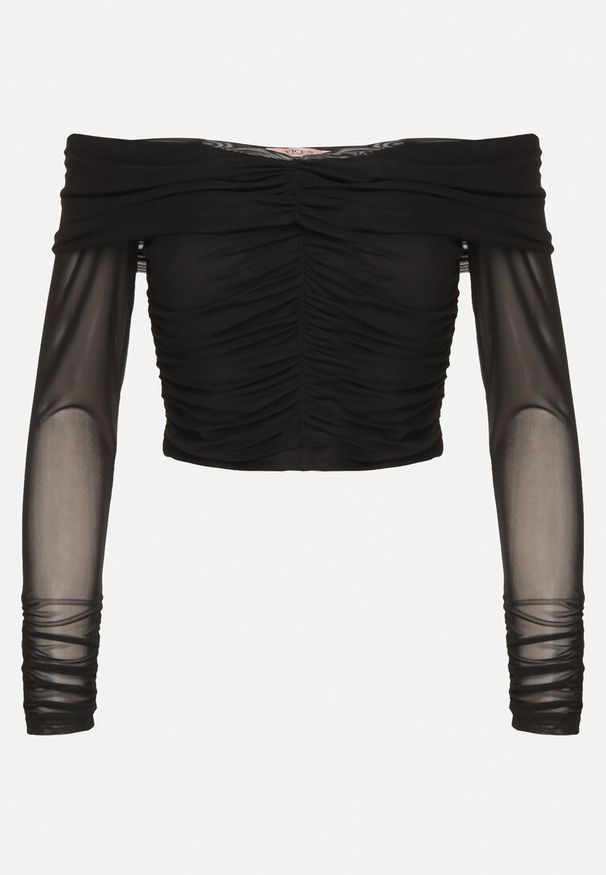 Born2be - Czarna Siateczkowa Bluzka VICES z Odkrytymi Ramionami Ozdobiona Marszczeniem Tuvita. Okazja: na co dzień. Kolor: czarny. Materiał: jeans. Wzór: aplikacja. Styl: casual