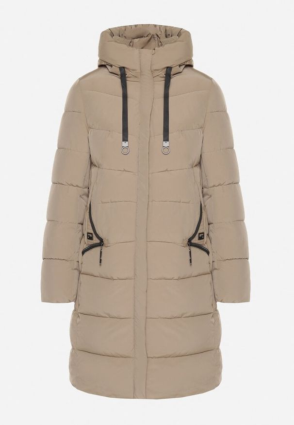 Born2be - Beżowa Pikowana Kurtka z Kapturem i Wysokim Kołnierzem Avalentura. Okazja: na co dzień, na spacer. Typ kołnierza: kaptur. Kolor: beżowy. Materiał: jeans. Sezon: zima. Styl: klasyczny, casual