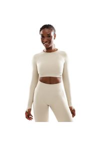 SIROKO - Damska bezszwowa sportowa koszulka crop top z długim rękawem Fitness Siroko Vi. Okazja: na co dzień. Kolor: beżowy. Materiał: materiał, tkanina. Długość rękawa: długi rękaw. Długość: długie. Styl: sportowy