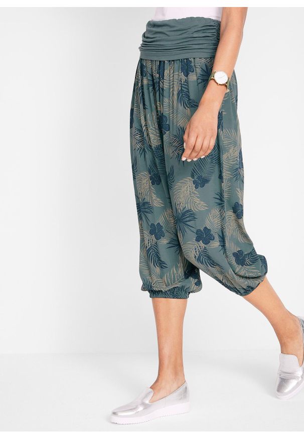 bonprix - Spodnie 3/4 z lejącego materiału z wiskozą. Kolor: zielony. Materiał: wiskoza, materiał. Wzór: nadruk