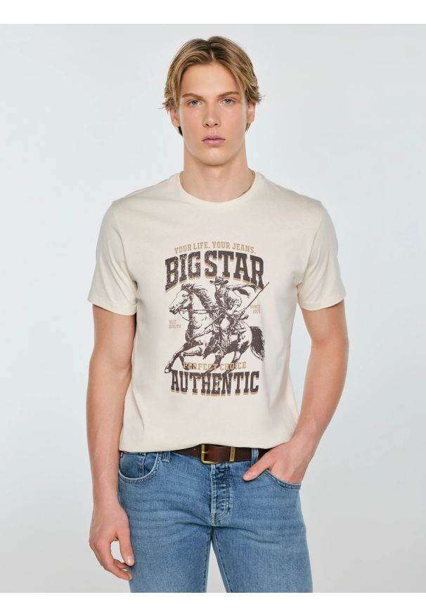 Big-Star - Koszulka męska z linii Authentic z nadrukiem perłowa Patter 103. Okazja: na co dzień. Kolor: kremowy. Materiał: dzianina, jeans, materiał. Wzór: nadruk. Styl: casual, klasyczny
