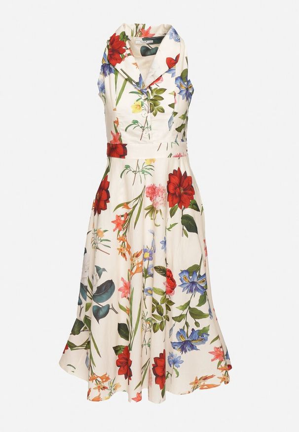 Born2be - Beżowa Rozkloszowana Sukienka z Bawełny z Kołnierzykiem w Kwiaty Ilanitia. Okazja: na spacer. Typ kołnierza: dekolt w serek. Kolor: beżowy. Materiał: bawełna. Wzór: kwiaty. Typ sukienki: rozkloszowane. Styl: elegancki