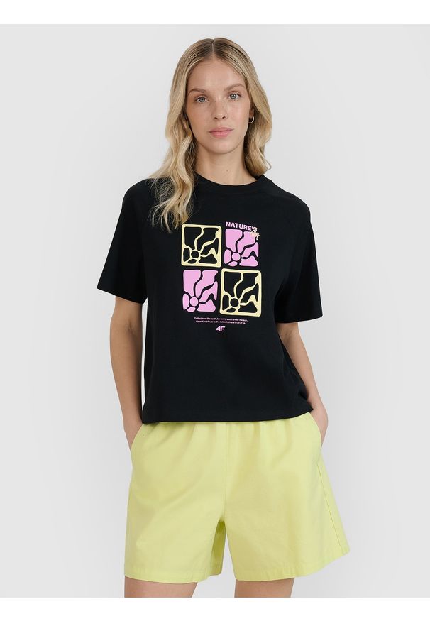 4f - 4F T-shirt oversize z nadrukiem damski - czarny L. Okazja: na co dzień. Kolor: czarny. Materiał: jersey, bawełna, materiał, dzianina. Długość rękawa: krótki rękaw. Długość: krótkie. Wzór: nadruk. Styl: sportowy, klasyczny, casual