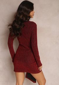 Renee - Bordowa Asymetryczna Sukienka Mini z Metaliczną Nitką i Szerokim Pasem Gongo. Kolor: czerwony. Materiał: tkanina. Typ sukienki: asymetryczne. Styl: elegancki. Długość: mini #3