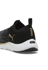 Puma - Damskie dzianinowe buty do biegania SOFTRIDE Remi PUMA Black Gold Cool Dark Gray. Kolor: szary, czarny, wielokolorowy, żółty. Materiał: dzianina