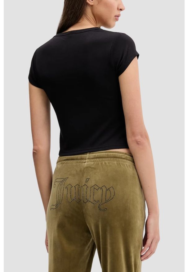 Juicy Couture - JUICY COUTURE Czarny damski t-shirt Capped Baby Sleeve, Rozmiar S. Okazja: na co dzień. Kolor: czarny. Materiał: materiał. Długość rękawa: krótki rękaw. Długość: krótkie. Styl: casual, klasyczny