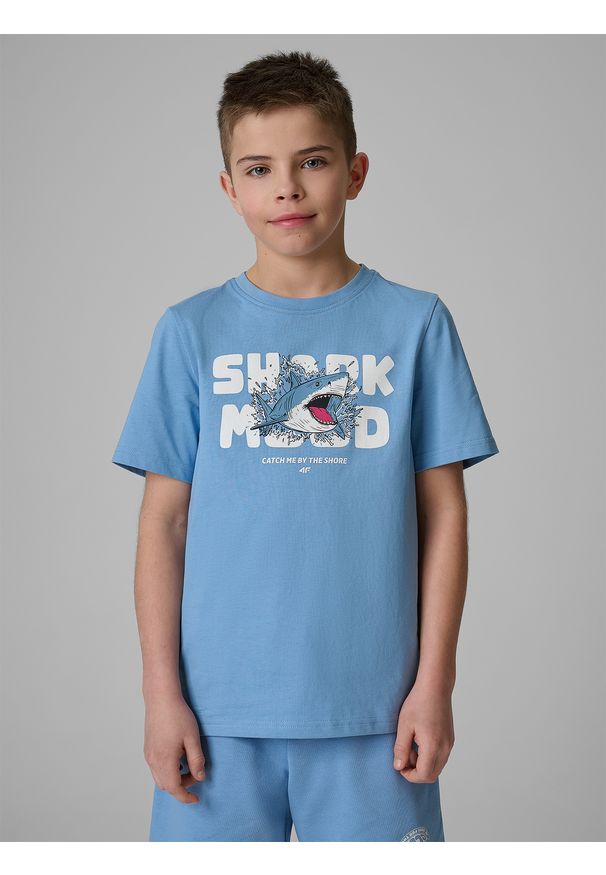 4f - 4F T-shirt regular z nadrukiem chłopięcy - niebieski 140 (9-10 lat). Okazja: na co dzień. Kolor: niebieski. Materiał: bawełna, dzianina. Wzór: nadruk. Sezon: lato. Styl: casual