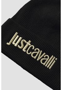 Just Cavalli - JUST CAVALLI Czarna damska czapka beanie z domieszką wełny. Kolor: czarny. Materiał: wełna. Wzór: haft. Styl: elegancki #4