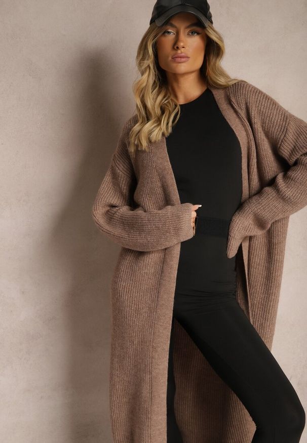 Renee - Brązowy Nierozpinany Casualowy Kardigan o Długim Kroju Ozdobiony Ściągaczami Arfilia. Okazja: na co dzień. Kolor: beżowy. Materiał: jeans. Długość: długie. Wzór: aplikacja. Styl: casual