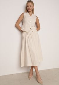 Born2be - Beżowy Bawełniany Komplet Rozkloszowana Spódnica i Kamizelka Moveina. Kolor: beżowy. Materiał: bawełna. Wzór: ażurowy #1