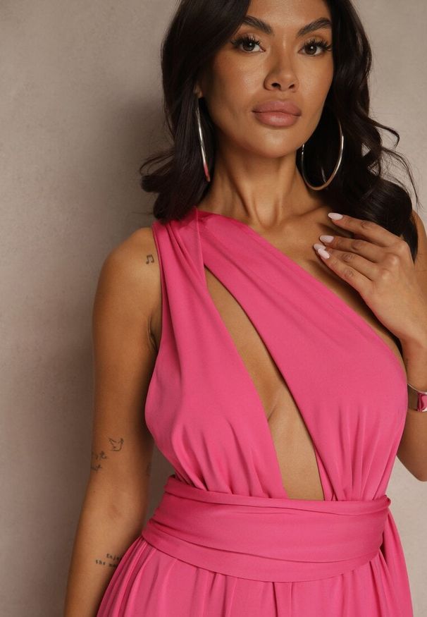 Renee - Fuksjowa Sukienka Koktajlowa Multiway z Wiskozą Wiązana na Szyi Lilovea. Okazja: na imprezę. Typ kołnierza: dekolt w kształcie V. Kolor: różowy. Materiał: wiskoza. Typ sukienki: rozkloszowane. Styl: wizytowy