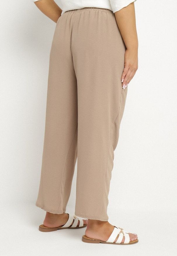 Born2be - Ciemnobeżowe Szerokie Spodnie z Bawełną i Wysokim Stanem Naitte. Okazja: na co dzień. Stan: podwyższony. Kolor: beżowy. Materiał: bawełna. Styl: elegancki, casual