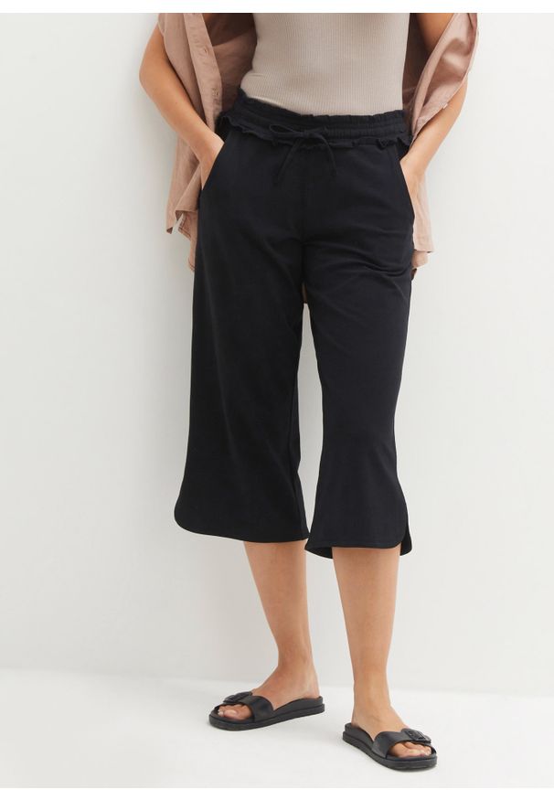 bonprix - Szerokie spodnie culotte z dżerseju z wygodnym paskiem, dł. 3/4. Kolor: czarny. Materiał: jersey. Styl: elegancki