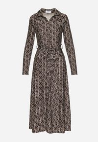 Born2be - Brązowa Sukienka Koszulowa w Mozaikowy Wzór z Wiązanym Paskiem Sailise. Okazja: na co dzień. Kolor: brązowy. Materiał: skóra. Typ sukienki: koszulowe. Styl: casual, elegancki #6