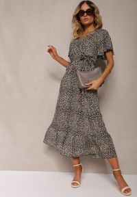 Renee - Beżowo-Czarna Kopertowa Sukienka Bawełniana z Gumką w Talii i Materiałowym Paskiem Teslana. Kolor: beżowy. Materiał: bawełna, materiał. Sezon: lato. Typ sukienki: kopertowe