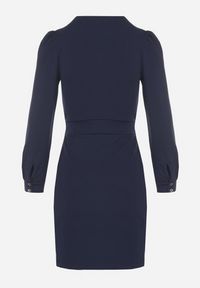 Born2be - Granatowa Sukienka z Marszczeniem i Bufiastymi Rękawami Redenia. Kolor: niebieski. Styl: klasyczny, elegancki #7