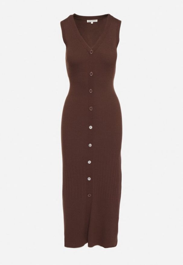 Born2be - Brązowa Wiskozowa Sukienka o Taliowanym Kroju Bez Rękawów Zdobiona Guzikami Esinea. Okazja: na co dzień. Typ kołnierza: dekolt w serek. Kolor: brązowy. Materiał: wiskoza. Długość rękawa: bez rękawów. Wzór: aplikacja. Styl: casual