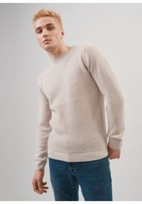 Ochnik - Sweter beżowy męski. Kolor: szary. Materiał: akryl. Długość rękawa: długi rękaw. Długość: długie. Wzór: jodełka #1