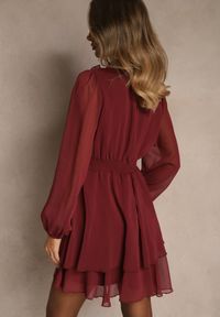 Renee - Bordowa Sukienka z Siateczki o Rozkloszowanym Kroju z Bufiastymi Rękawami Aziva. Okazja: na co dzień. Kolor: czerwony. Materiał: skóra. Typ sukienki: rozkloszowane, proste. Styl: casual #4