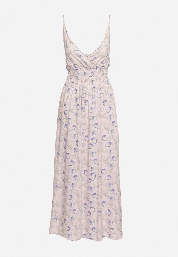 Born2be - Jasnoróżowa Sukienka Bawełniana Rozkloszowana w Kwiatowy Print na Regulowanych Ramiączkach Rosapia. Typ kołnierza: dekolt w kształcie V. Kolor: różowy. Materiał: bawełna. Długość rękawa: na ramiączkach. Wzór: nadruk, kwiaty. Typ sukienki: rozkloszowane